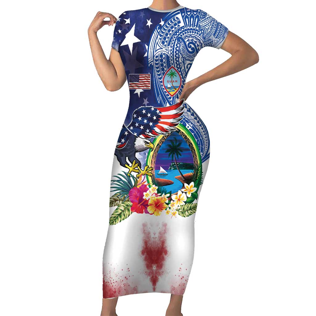 Guam and United States Together Family Matching Short Sleeve Bodycon Dress and Hawaiian Shirt Bald Eagle and Guam Seal with Flower and Tribal Tattoos - Polynesian Pride