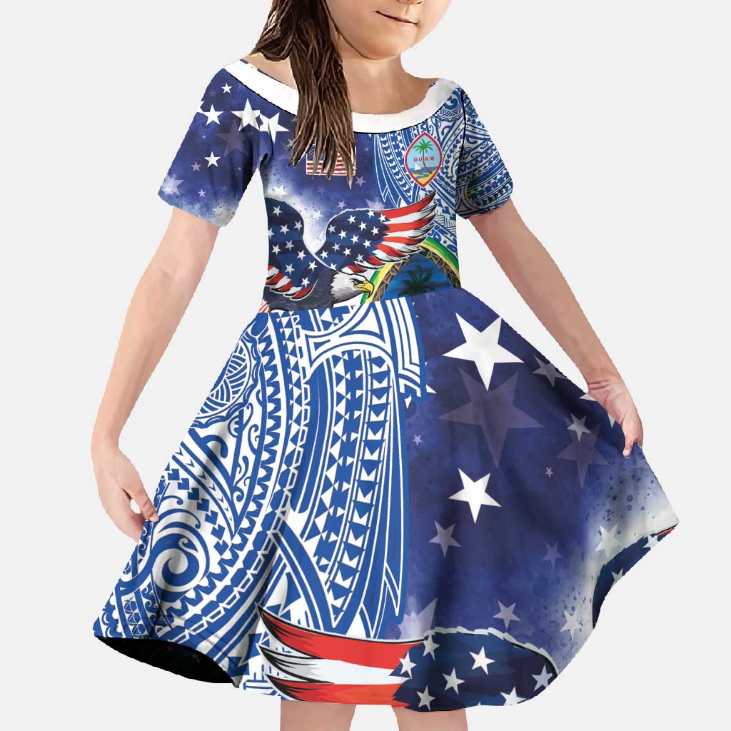Guam and United States Together Family Matching Summer Maxi Dress and Hawaiian Shirt Bald Eagle and Guam Seal with Flower and Tribal Tattoos - Polynesian Pride