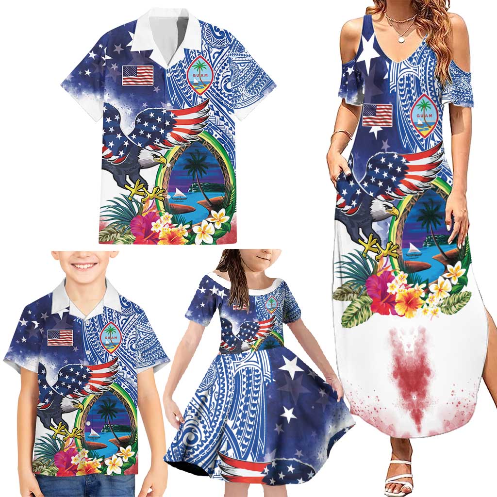 Guam and United States Together Family Matching Summer Maxi Dress and Hawaiian Shirt Bald Eagle and Guam Seal with Flower and Tribal Tattoos - Polynesian Pride
