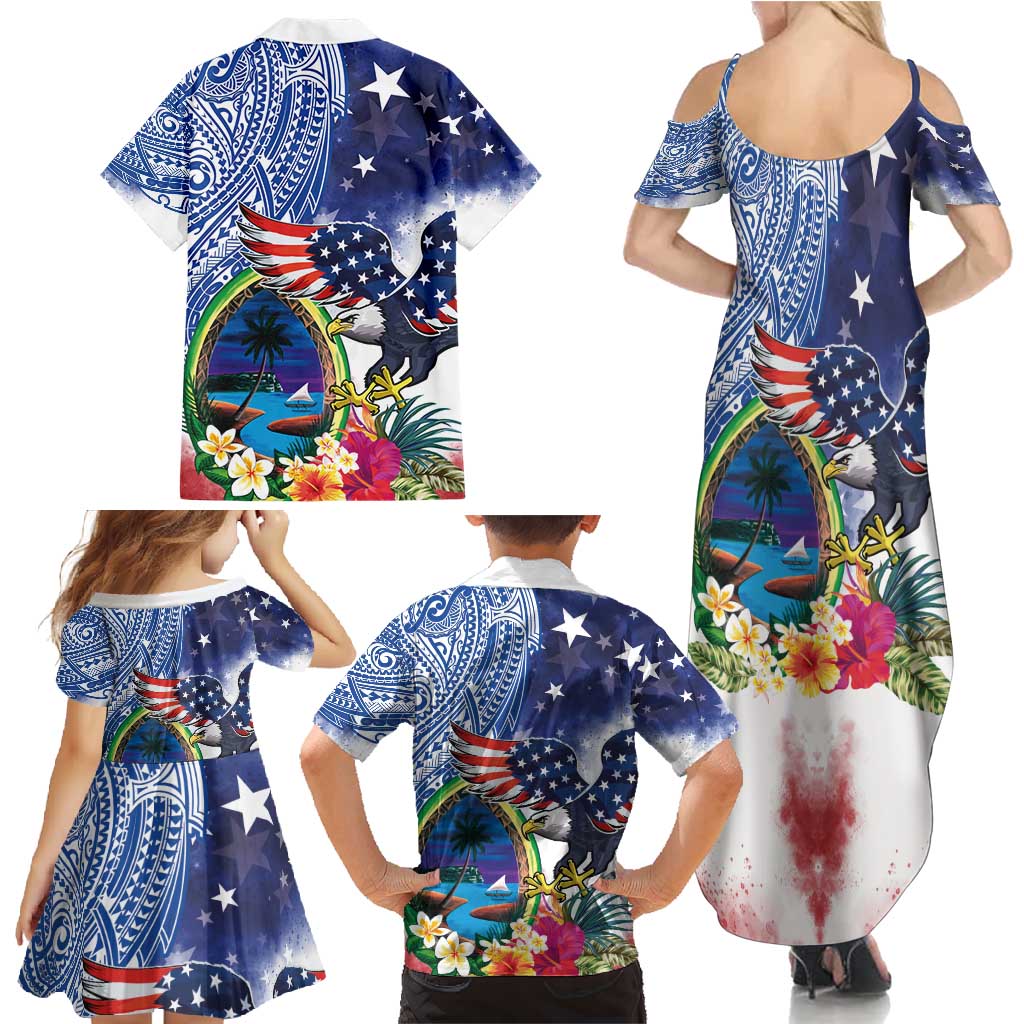 Guam and United States Together Family Matching Summer Maxi Dress and Hawaiian Shirt Bald Eagle and Guam Seal with Flower and Tribal Tattoos - Polynesian Pride