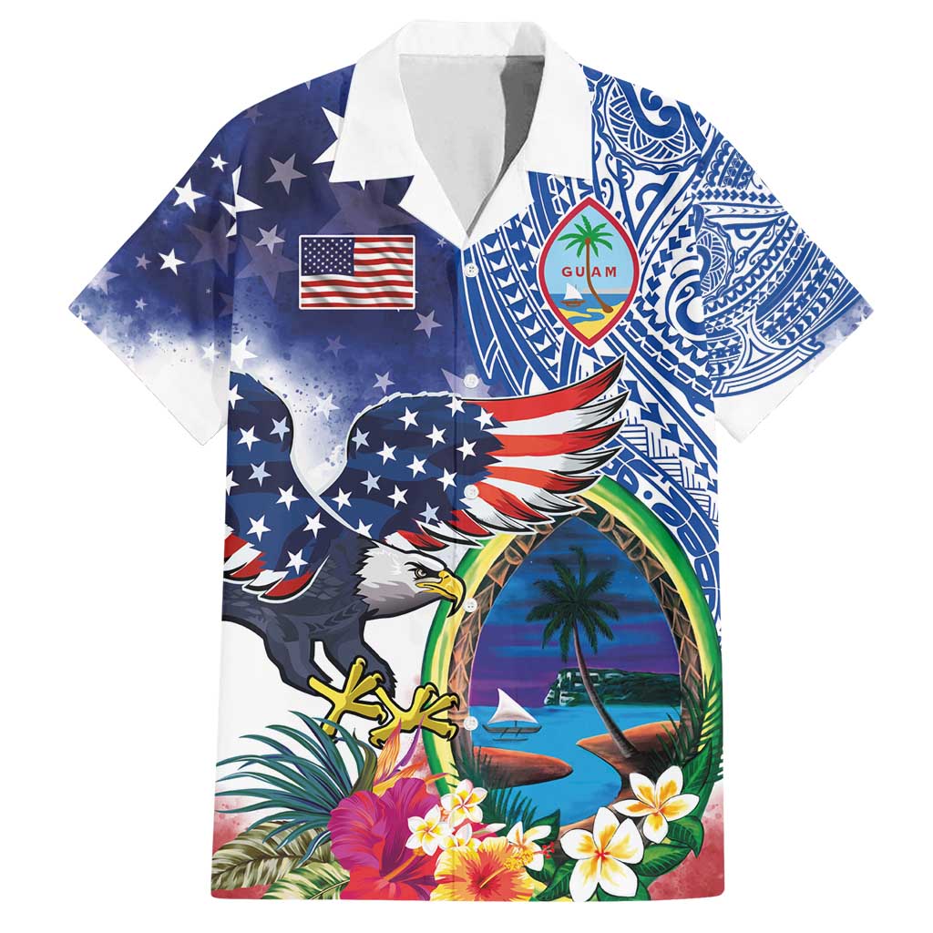 Guam and United States Together Family Matching Summer Maxi Dress and Hawaiian Shirt Bald Eagle and Guam Seal with Flower and Tribal Tattoos - Polynesian Pride