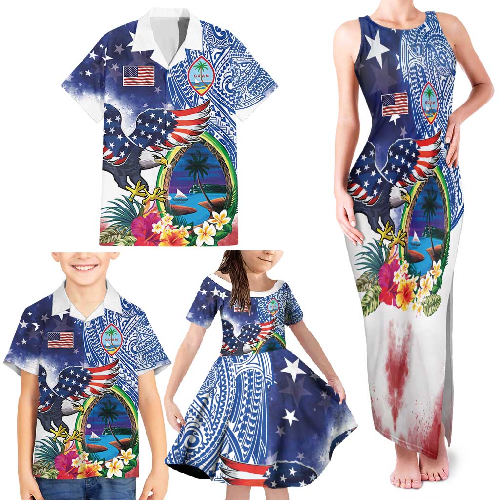 Guam and United States Together Family Matching Tank Maxi Dress and Hawaiian Shirt Bald Eagle and Guam Seal with Flower and Tribal Tattoos - Polynesian Pride