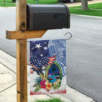 Guam and United States Together Garden Flag Bald Eagle and Guam Seal with Flower and Tribal Tattoos - Polynesian Pride