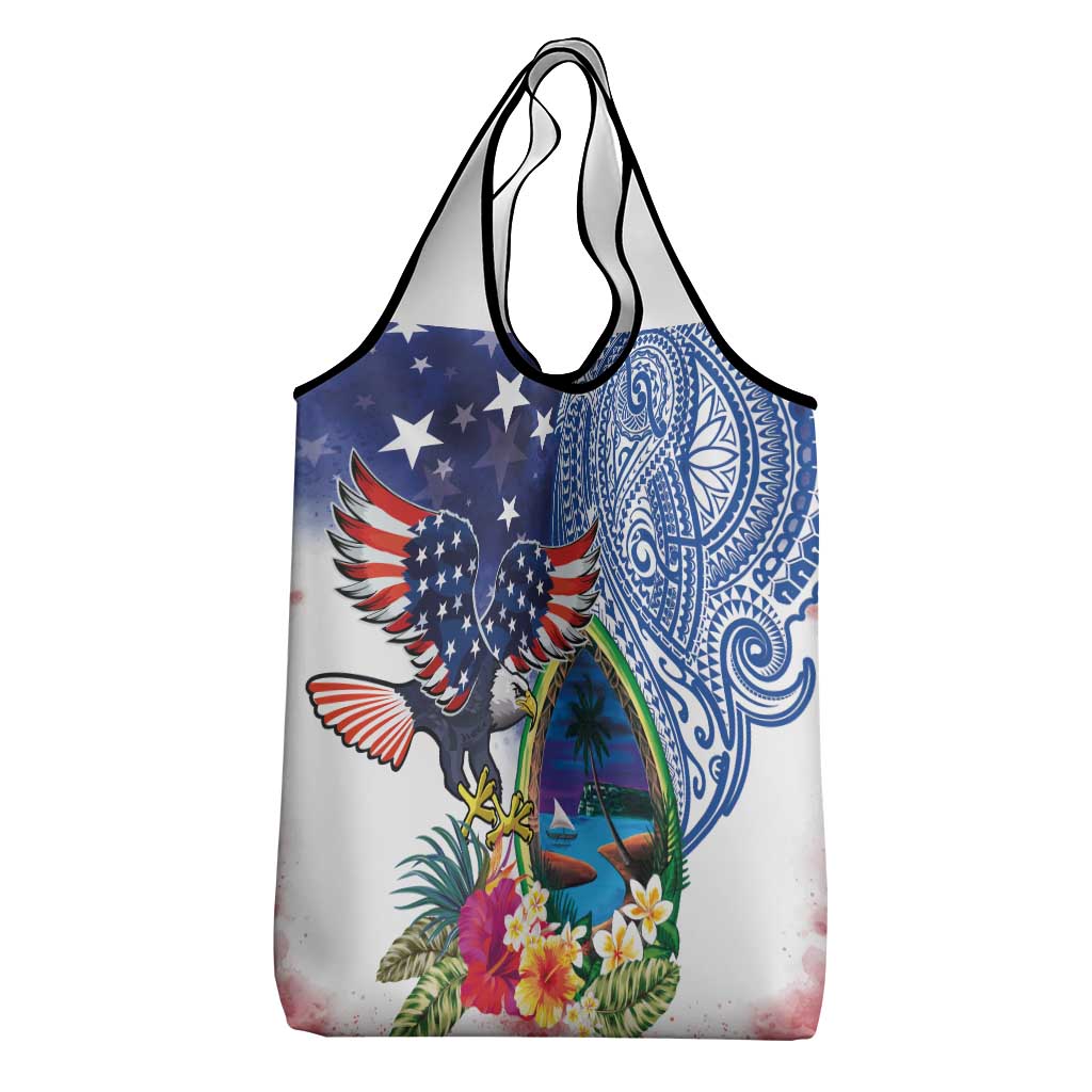 Guam and United States Together Grocery Bag Bald Eagle and Guam Seal with Flower and Tribal Tattoos - Polynesian Pride