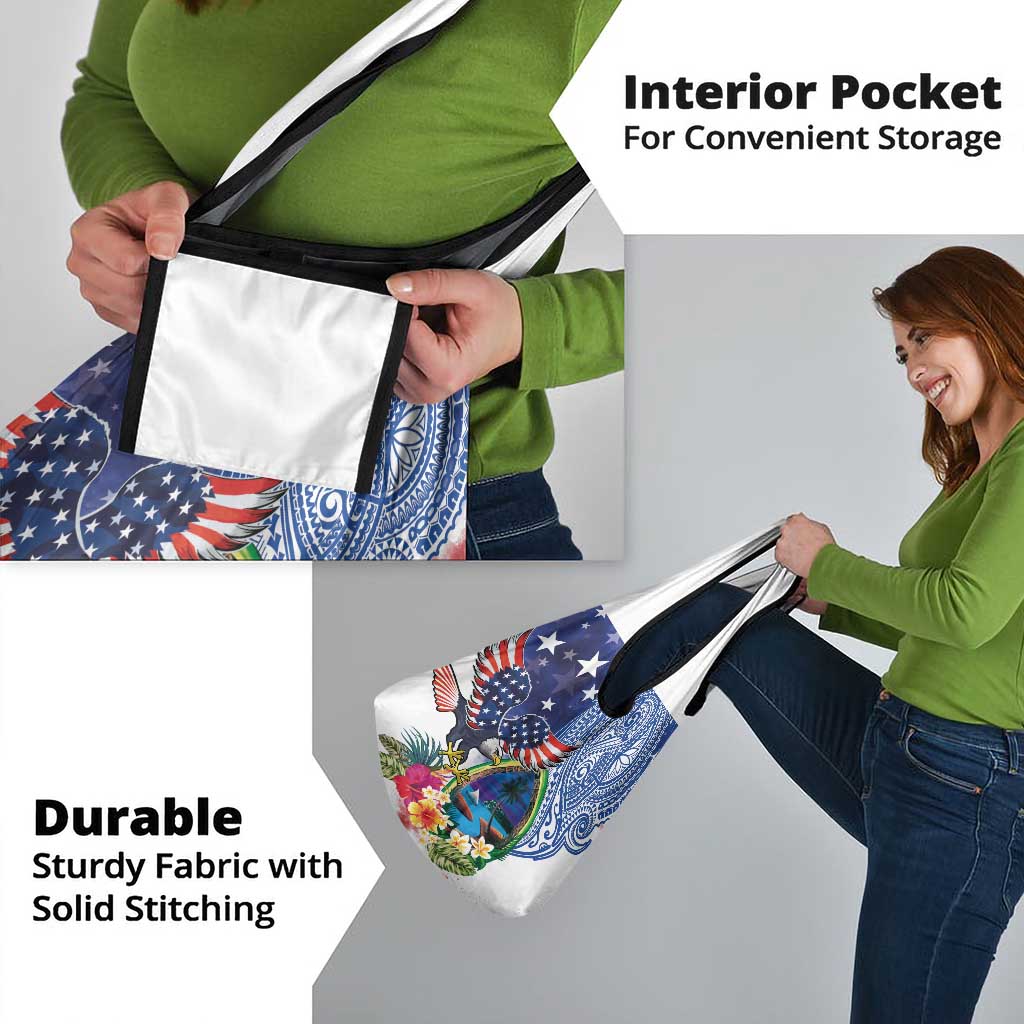 Guam and United States Together Grocery Bag Bald Eagle and Guam Seal with Flower and Tribal Tattoos - Polynesian Pride