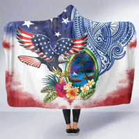 Guam and United States Together Hooded Blanket Bald Eagle and Guam Seal with Flower and Tribal Tattoos - Polynesian Pride