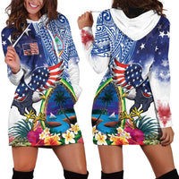 Guam and United States Together Hoodie Dress Bald Eagle and Guam Seal with Flower and Tribal Tattoos - Polynesian Pride
