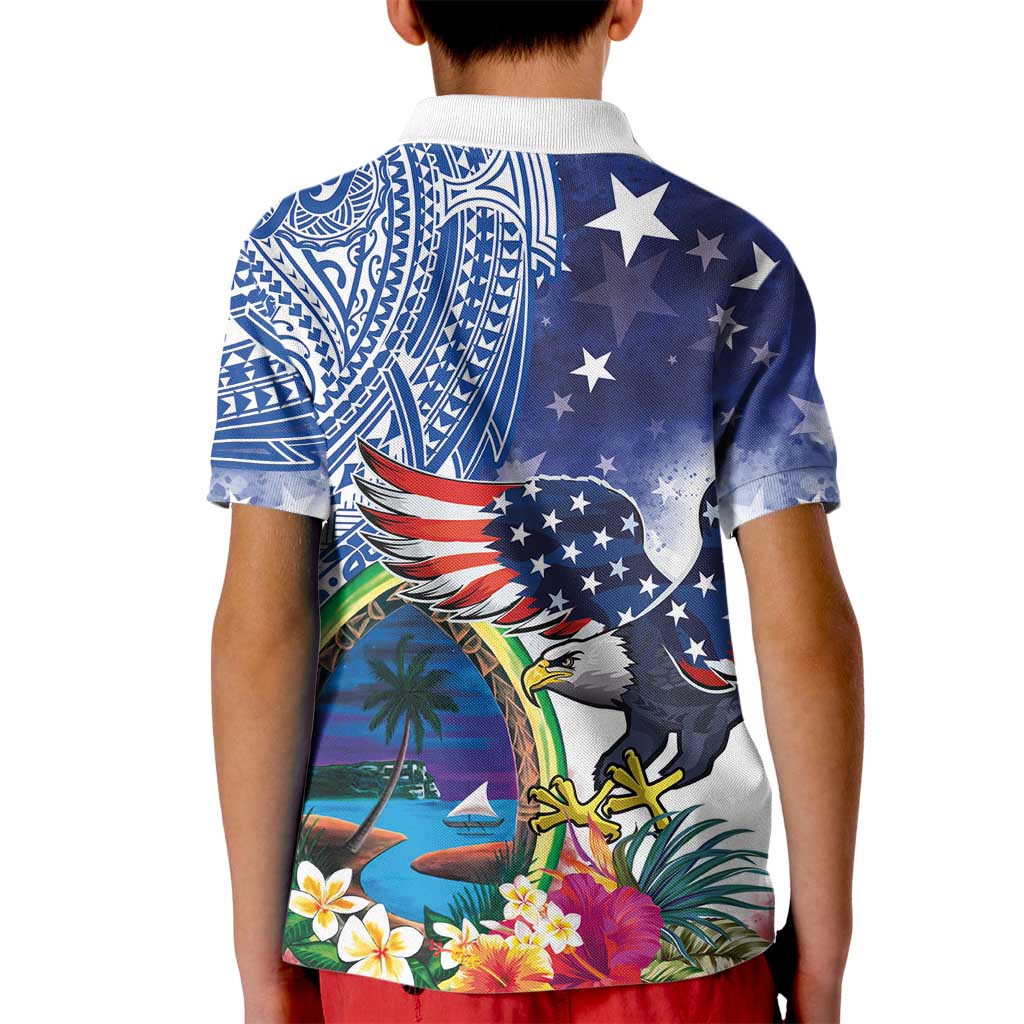 Guam and United States Together Kid Polo Shirt Bald Eagle and Guam Seal with Flower and Tribal Tattoos - Polynesian Pride