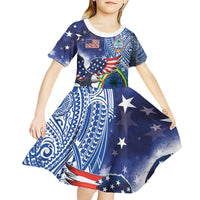 Guam and United States Together Kid Short Sleeve Dress Bald Eagle and Guam Seal with Flower and Tribal Tattoos - Polynesian Pride