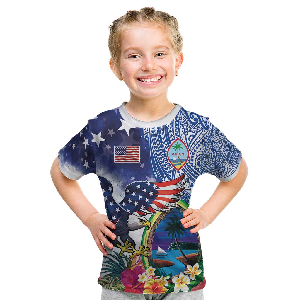 Guam and United States Together Kid T Shirt Bald Eagle and Guam Seal with Flower and Tribal Tattoos - Polynesian Pride