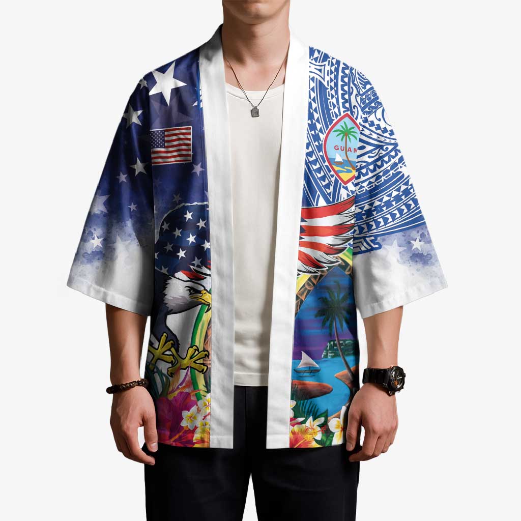 Guam and United States Together Kimono Bald Eagle and Guam Seal with Flower and Tribal Tattoos - Polynesian Pride