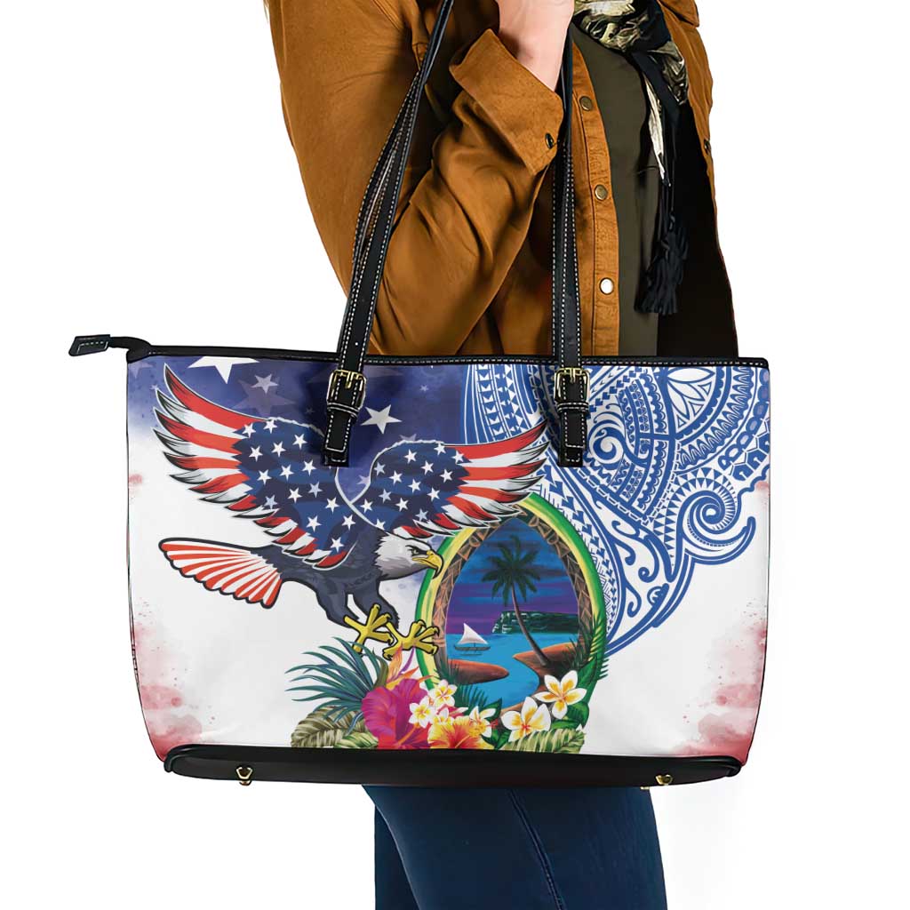Guam and United States Together Leather Tote Bag Bald Eagle and Guam Seal with Flower and Tribal Tattoos - Polynesian Pride