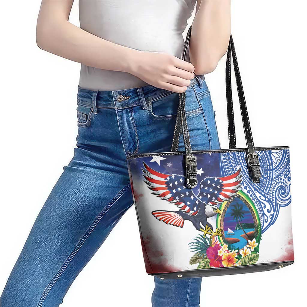Guam and United States Together Leather Tote Bag Bald Eagle and Guam Seal with Flower and Tribal Tattoos - Polynesian Pride