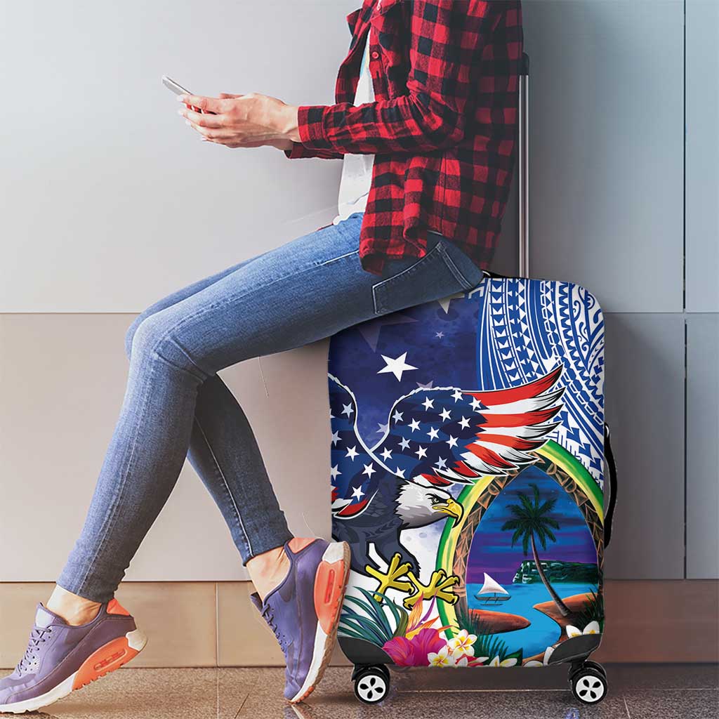 Guam and United States Together Luggage Cover Bald Eagle and Guam Seal with Flower and Tribal Tattoos - Polynesian Pride