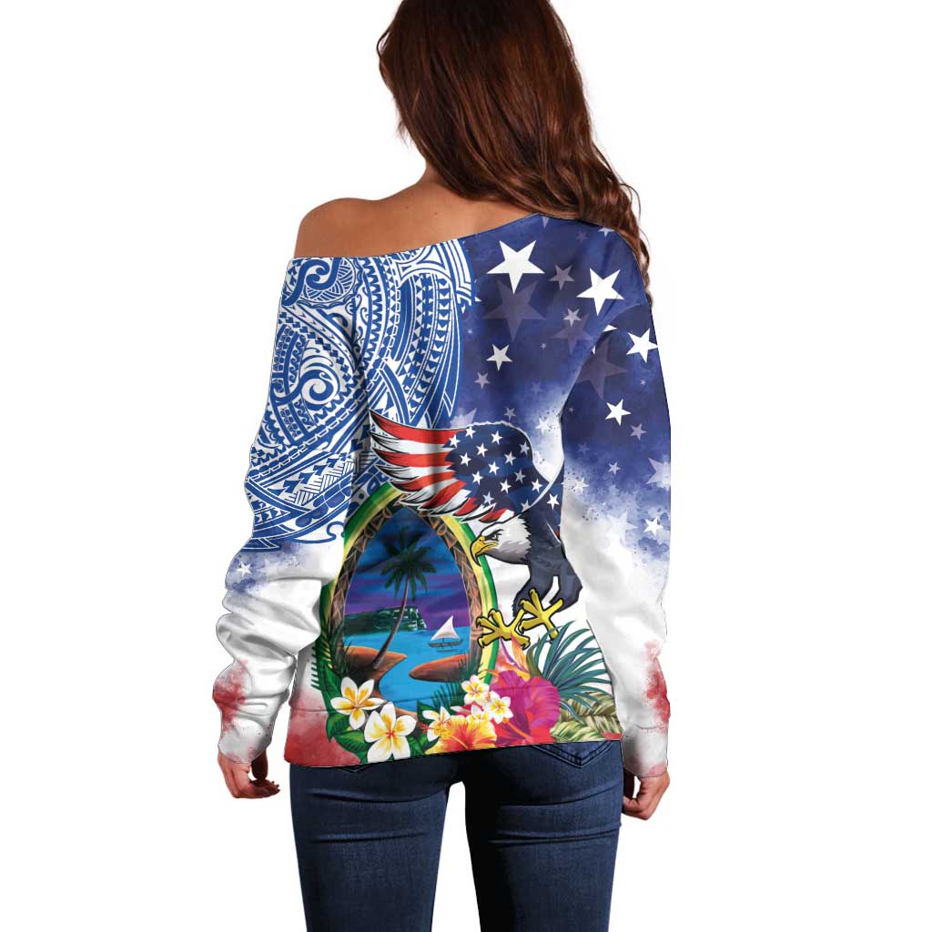 Guam and United States Together Off Shoulder Sweater Bald Eagle and Guam Seal with Flower and Tribal Tattoos - Polynesian Pride