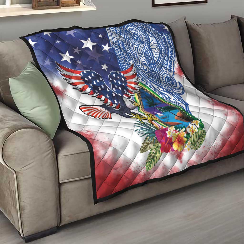 Guam and United States Together Quilt Bald Eagle and Guam Seal with Flower and Tribal Tattoos - Polynesian Pride