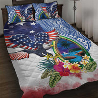 Guam and United States Together Quilt Bed Set Bald Eagle and Guam Seal with Flower and Tribal Tattoos - Polynesian Pride