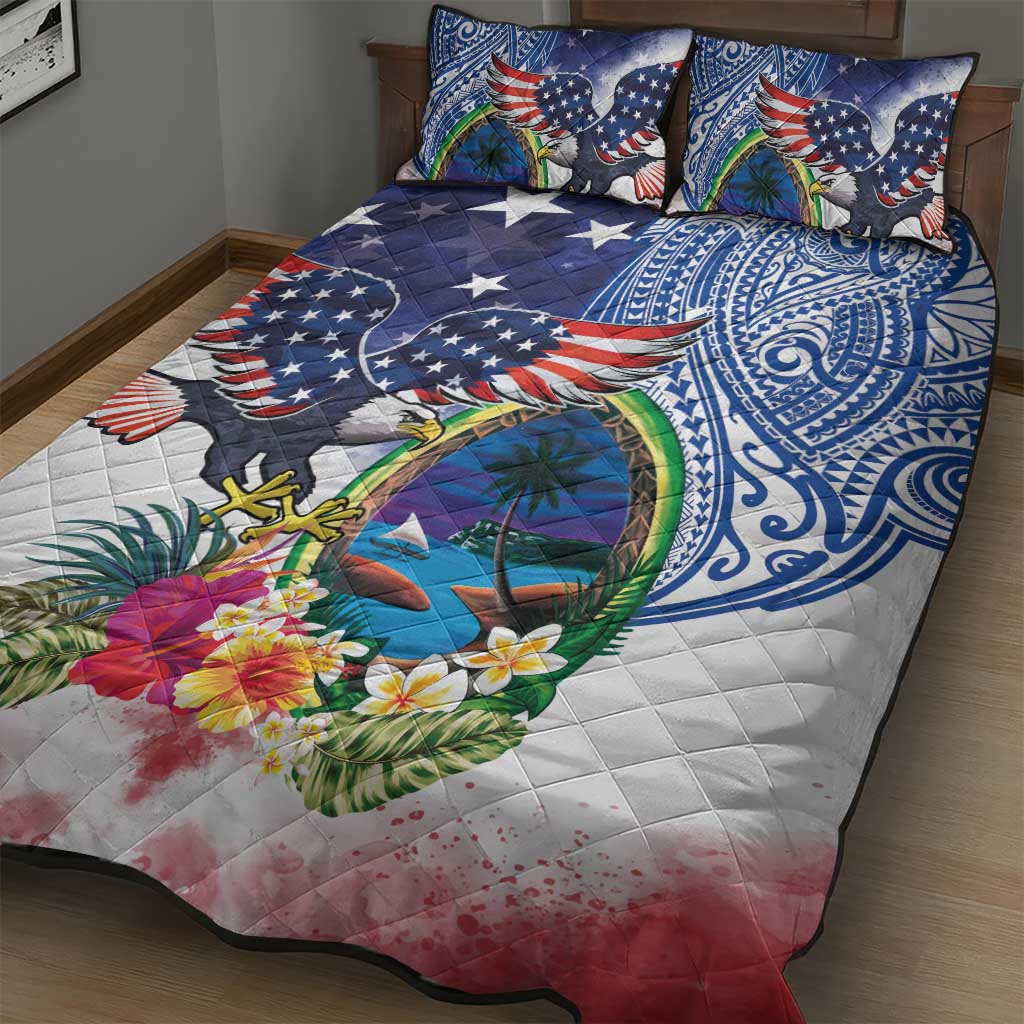 Guam and United States Together Quilt Bed Set Bald Eagle and Guam Seal with Flower and Tribal Tattoos - Polynesian Pride