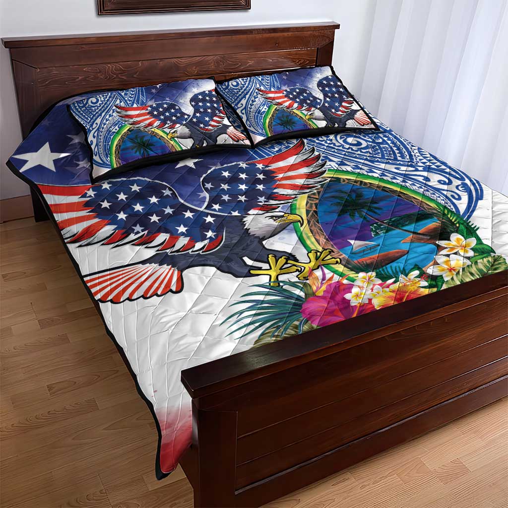 Guam and United States Together Quilt Bed Set Bald Eagle and Guam Seal with Flower and Tribal Tattoos - Polynesian Pride