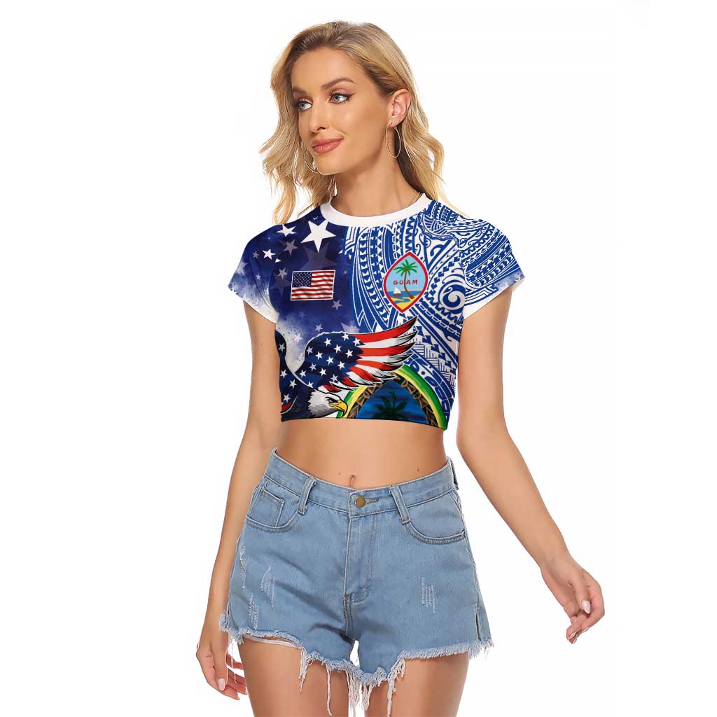 Guam and United States Together Raglan Cropped T Shirt Bald Eagle and Guam Seal with Flower and Tribal Tattoos - Polynesian Pride