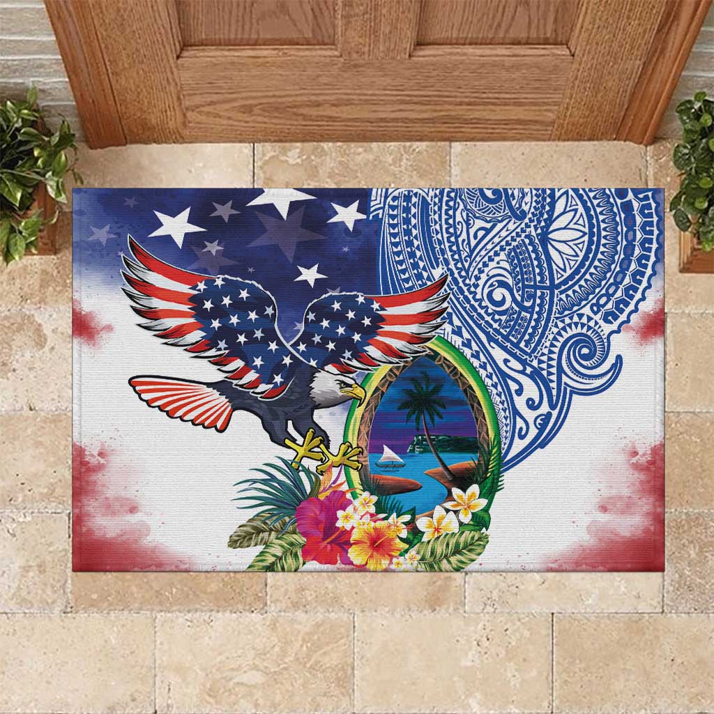 Guam and United States Together Rubber Doormat Bald Eagle and Guam Seal with Flower and Tribal Tattoos - Polynesian Pride