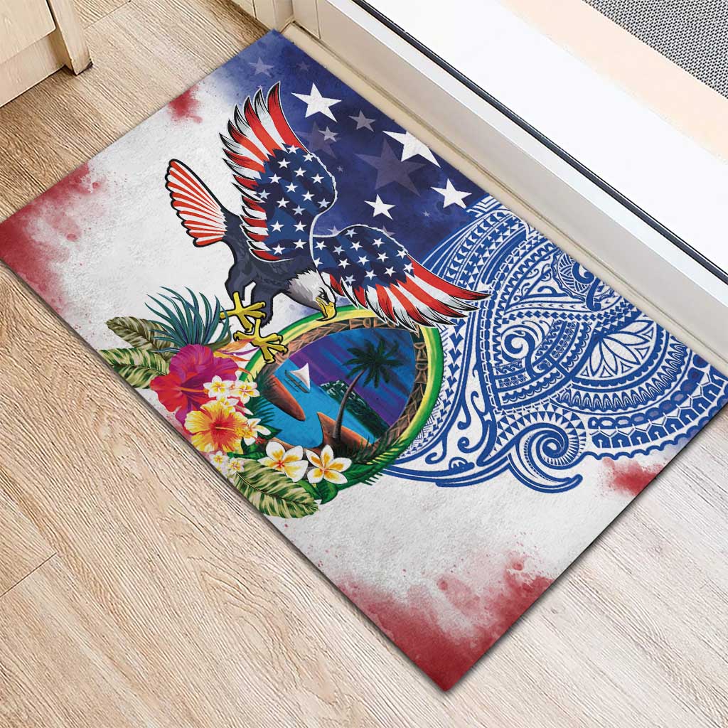 Guam and United States Together Rubber Doormat Bald Eagle and Guam Seal with Flower and Tribal Tattoos - Polynesian Pride