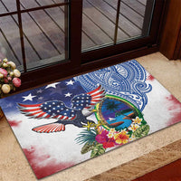 Guam and United States Together Rubber Doormat Bald Eagle and Guam Seal with Flower and Tribal Tattoos - Polynesian Pride