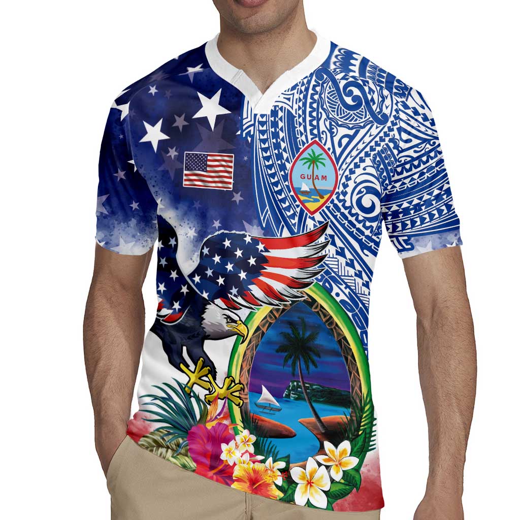 Guam and United States Together Rugby Jersey Bald Eagle and Guam Seal with Flower and Tribal Tattoos - Polynesian Pride