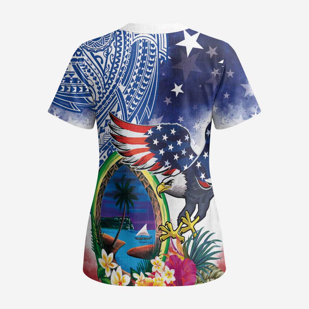 Guam and United States Together Scrub Top Bald Eagle and Guam Seal with Flower and Tribal Tattoos - Polynesian Pride