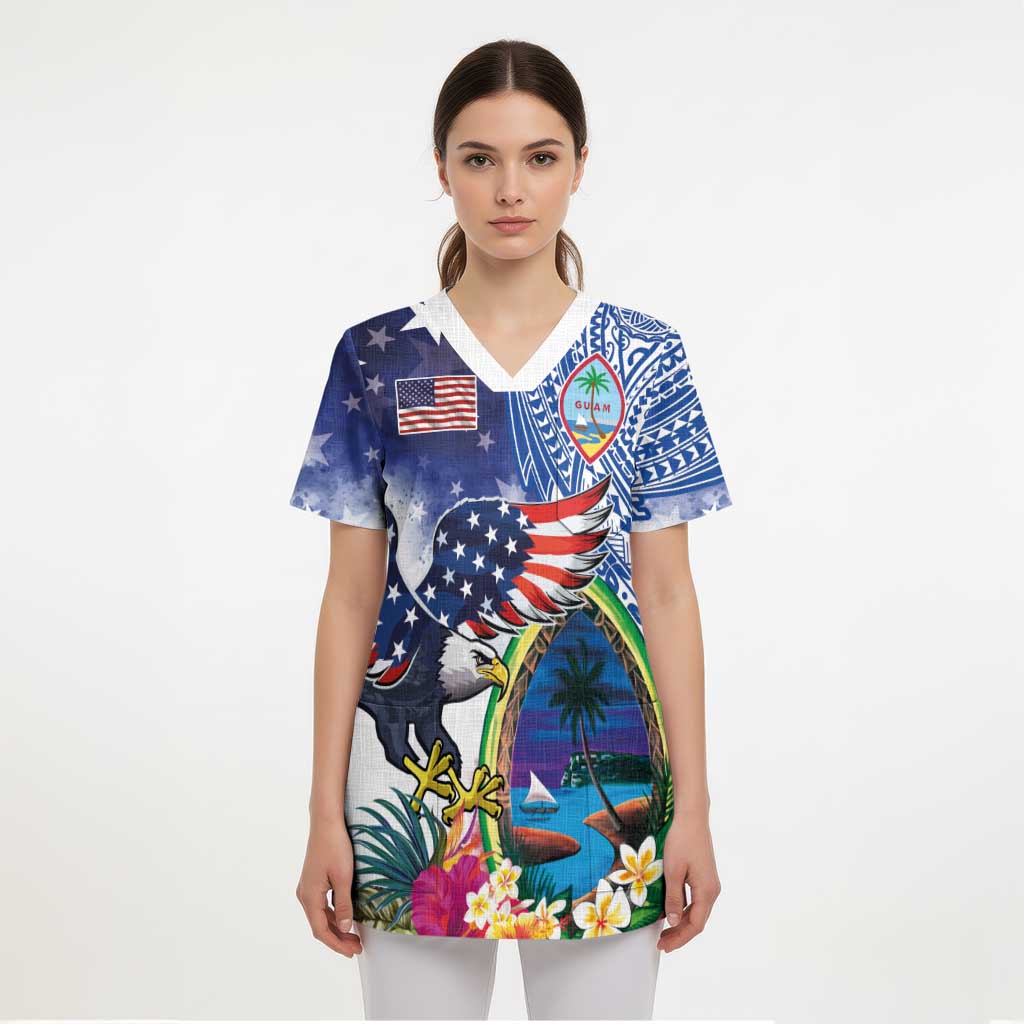 Guam and United States Together Scrub Top Bald Eagle and Guam Seal with Flower and Tribal Tattoos - Polynesian Pride