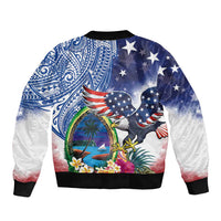 Guam and United States Together Sleeve Zip Bomber Jacket Bald Eagle and Guam Seal with Flower and Tribal Tattoos - Polynesian Pride