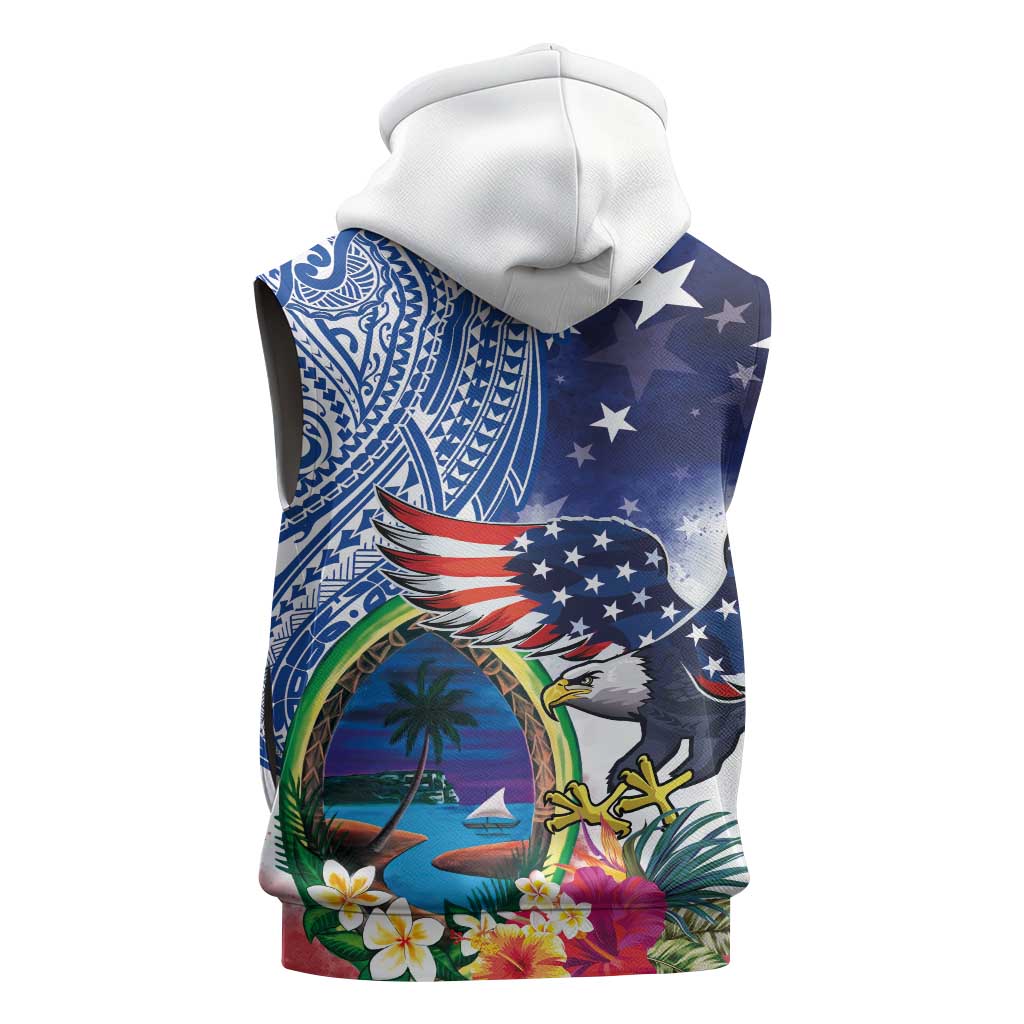 Guam and United States Together Sleeveless Hoodie Bald Eagle and Guam Seal with Flower and Tribal Tattoos - Polynesian Pride