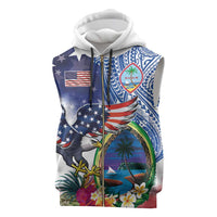 Guam and United States Together Sleeveless Zip Hoodie Bald Eagle and Guam Seal with Flower and Tribal Tattoos - Polynesian Pride