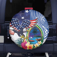Guam and United States Together Spare Tire Cover Bald Eagle and Guam Seal with Flower and Tribal Tattoos - Polynesian Pride