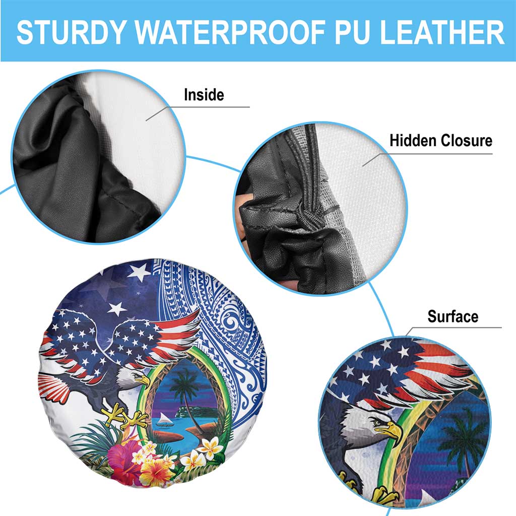 Guam and United States Together Spare Tire Cover Bald Eagle and Guam Seal with Flower and Tribal Tattoos - Polynesian Pride