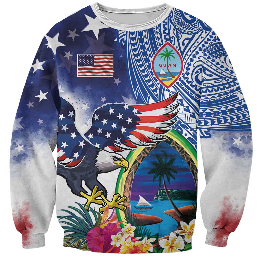 Guam and United States Together Sweatshirt Bald Eagle and Guam Seal with Flower and Tribal Tattoos - Polynesian Pride