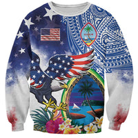 Guam and United States Together Sweatshirt Bald Eagle and Guam Seal with Flower and Tribal Tattoos - Polynesian Pride