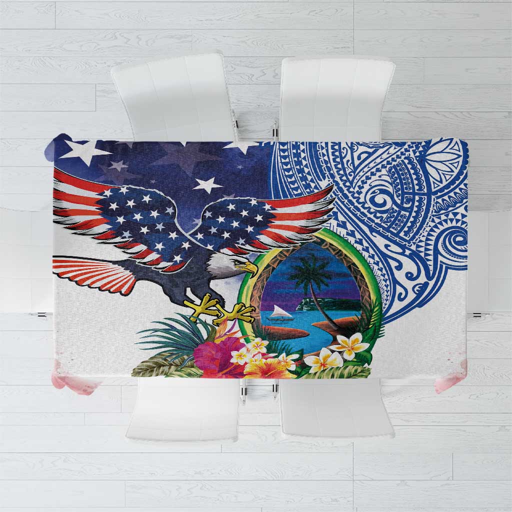 Guam and United States Together Tablecloth Bald Eagle and Guam Seal with Flower and Tribal Tattoos - Polynesian Pride