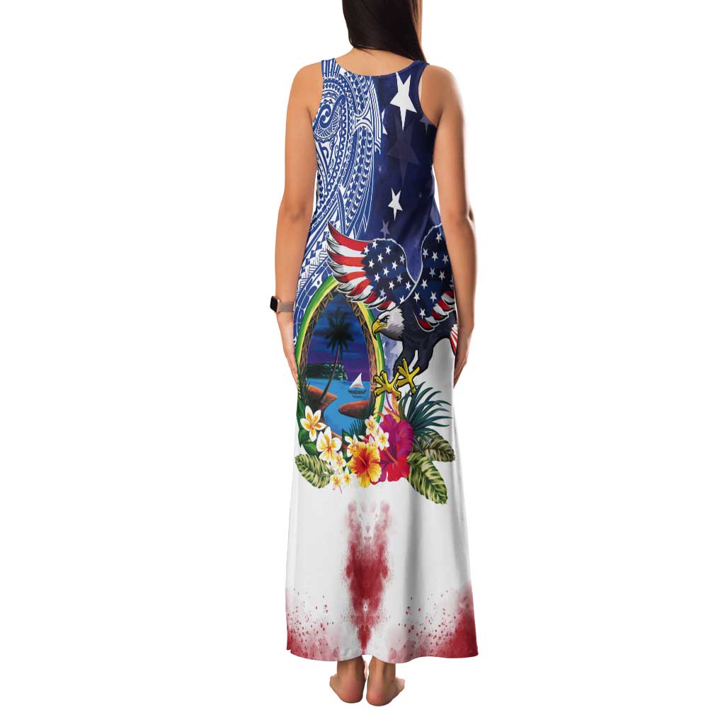 Guam and United States Together Tank Maxi Dress Bald Eagle and Guam Seal with Flower and Tribal Tattoos - Polynesian Pride