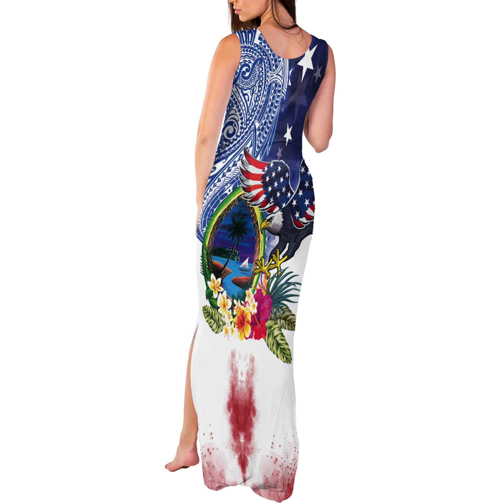 Guam and United States Together Tank Maxi Dress Bald Eagle and Guam Seal with Flower and Tribal Tattoos - Polynesian Pride