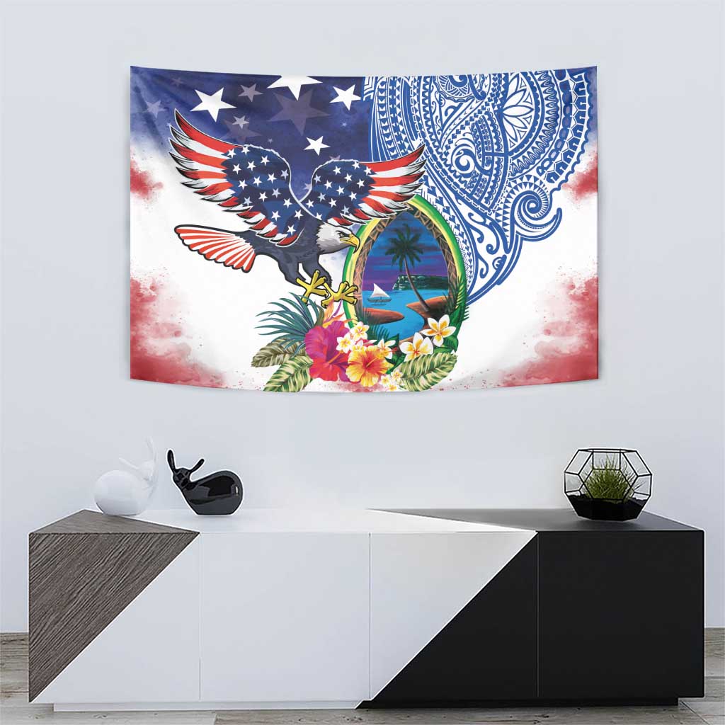 Guam and United States Together Tapestry Bald Eagle and Guam Seal with Flower and Tribal Tattoos - Polynesian Pride