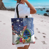 Guam and United States Together Tote Bag Bald Eagle and Guam Seal with Flower and Tribal Tattoos - Polynesian Pride