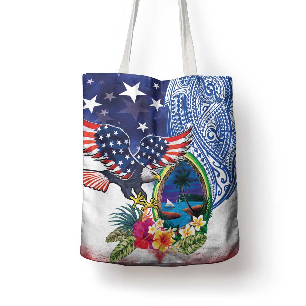 Guam and United States Together Tote Bag Bald Eagle and Guam Seal with Flower and Tribal Tattoos - Polynesian Pride