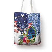 Guam and United States Together Tote Bag Bald Eagle and Guam Seal with Flower and Tribal Tattoos - Polynesian Pride