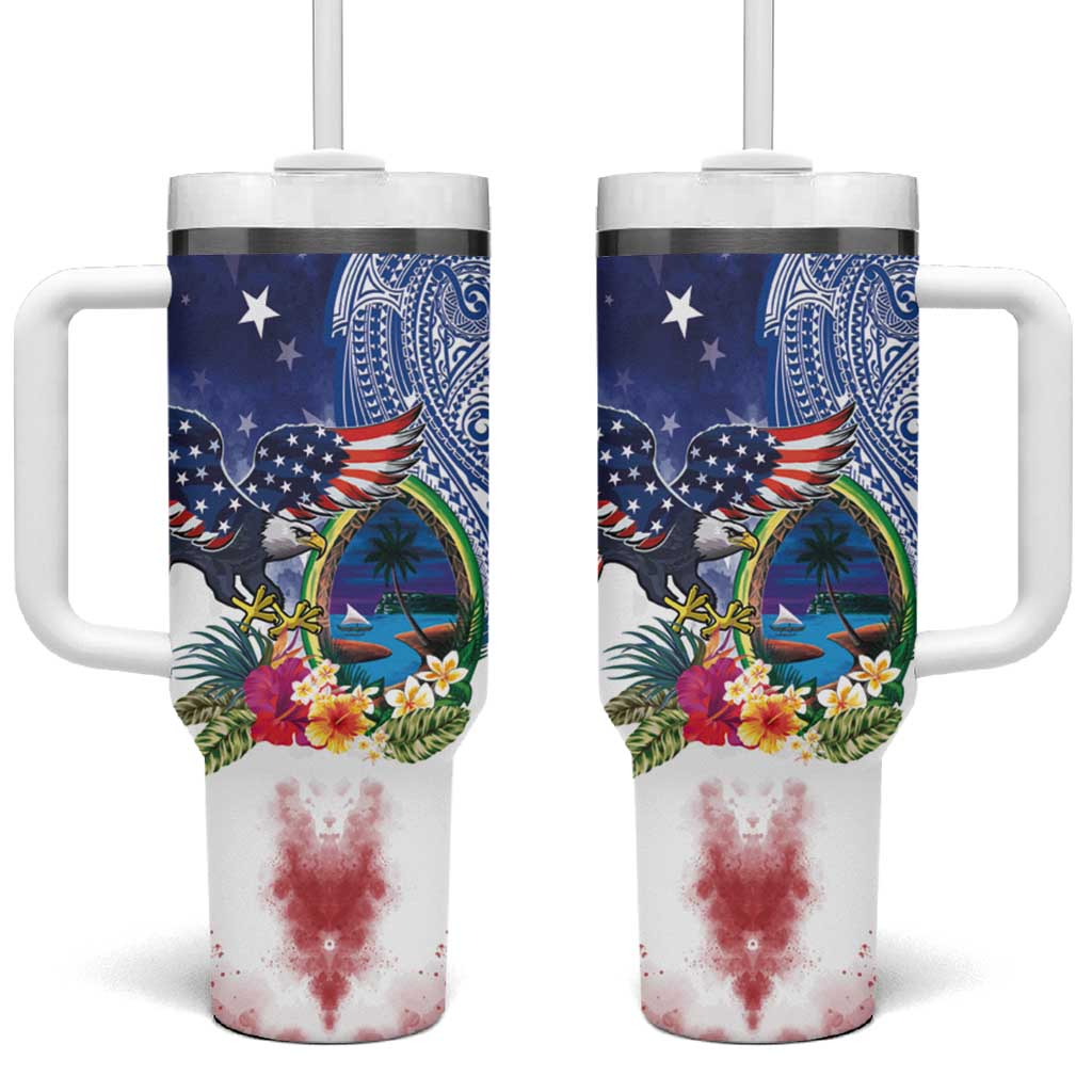 Guam and United States Together Tumbler With Handle Bald Eagle and Guam Seal with Flower and Tribal Tattoos - Polynesian Pride