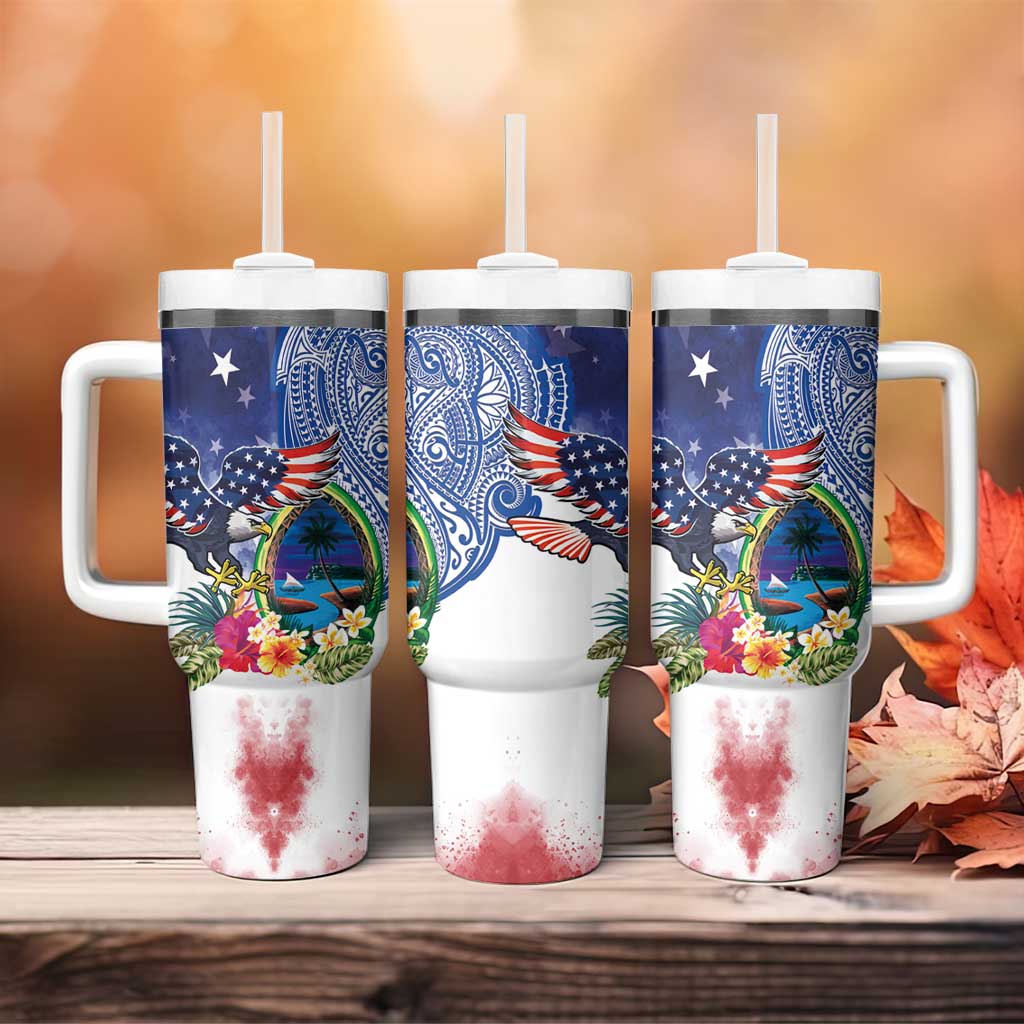 Guam and United States Together Tumbler With Handle Bald Eagle and Guam Seal with Flower and Tribal Tattoos - Polynesian Pride