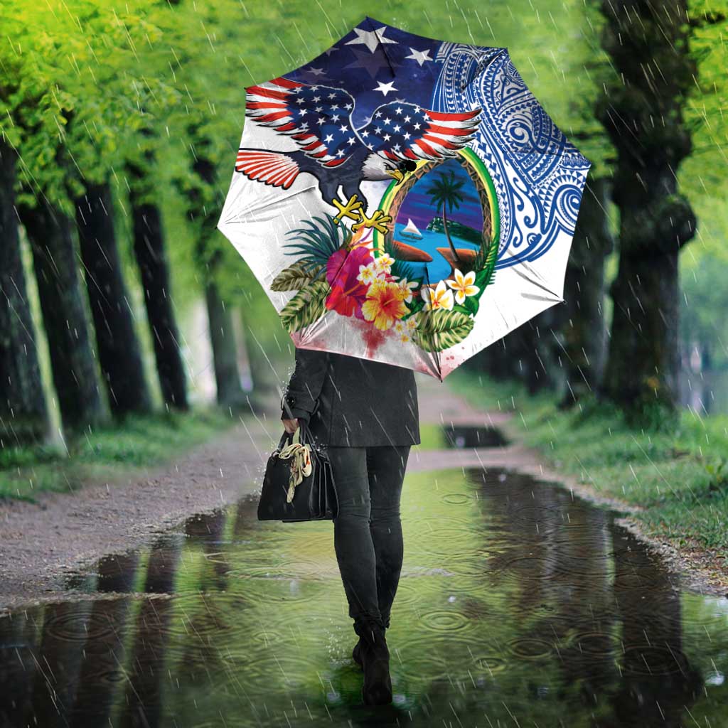 Guam and United States Together Umbrella Bald Eagle and Guam Seal with Flower and Tribal Tattoos - Polynesian Pride