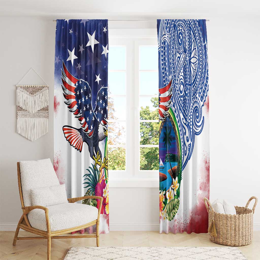 Guam and United States Together Window Curtain Bald Eagle and Guam Seal with Flower and Tribal Tattoos - Polynesian Pride