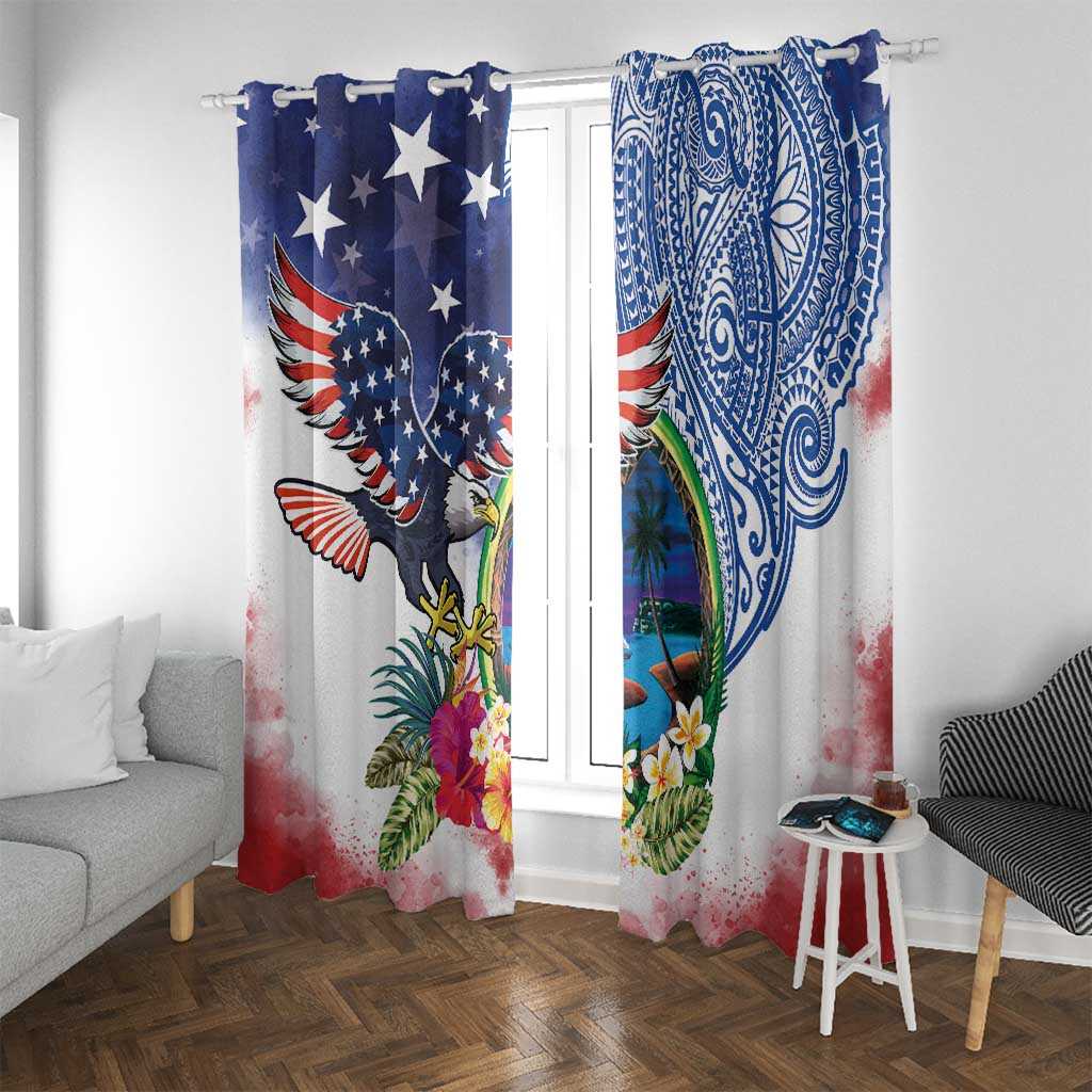 Guam and United States Together Window Curtain Bald Eagle and Guam Seal with Flower and Tribal Tattoos - Polynesian Pride
