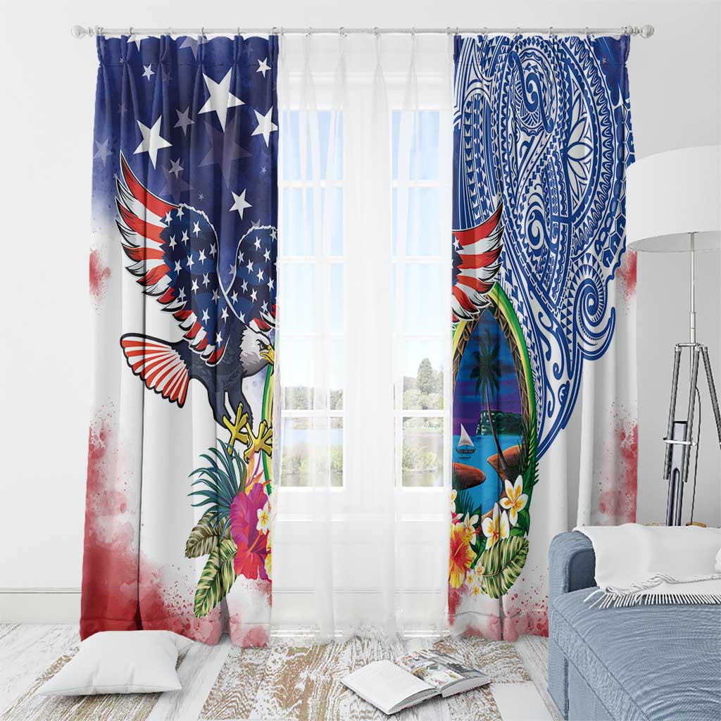 Guam and United States Together Window Curtain Bald Eagle and Guam Seal with Flower and Tribal Tattoos - Polynesian Pride